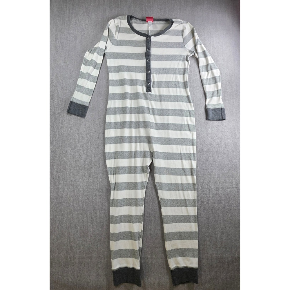 Wondershop One Piece Pajamas Women Large Grey White Striped Henley Union Suit
